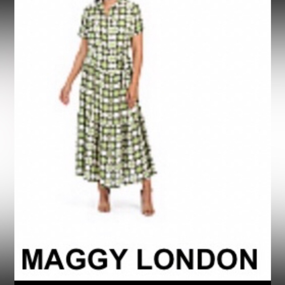 Maggy London Maxi Tiered Shirtdress belted geometric Green Black Ivory Ruffled